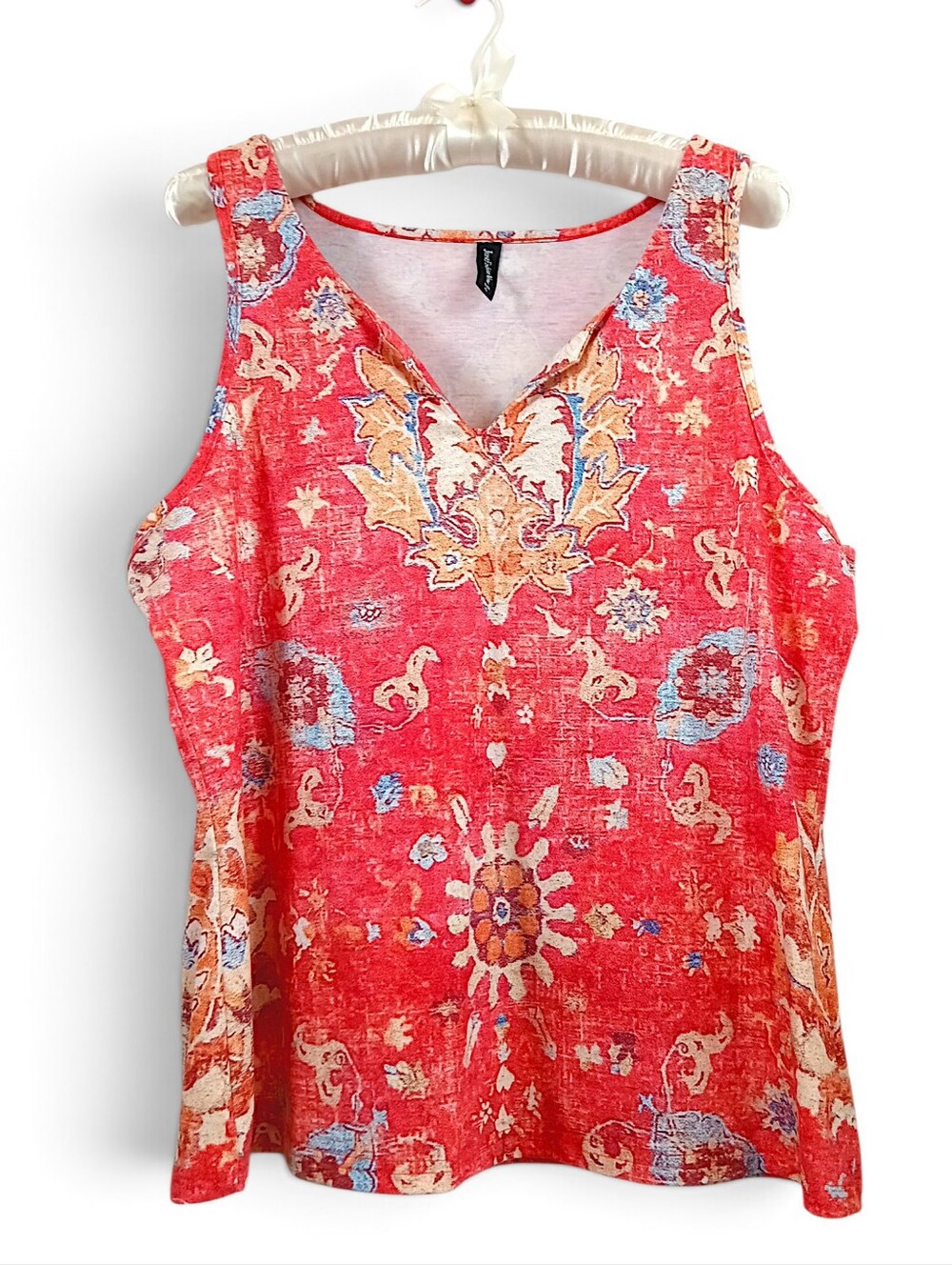 Pumpkin Red Floral Medallion Print Tank Top Boho VnecK Tunic Orange Mandala XL